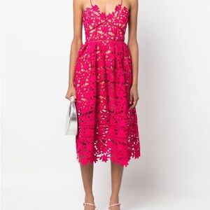 Self- portrait FUCHSIA FLOWER LACE MIDI DRESS